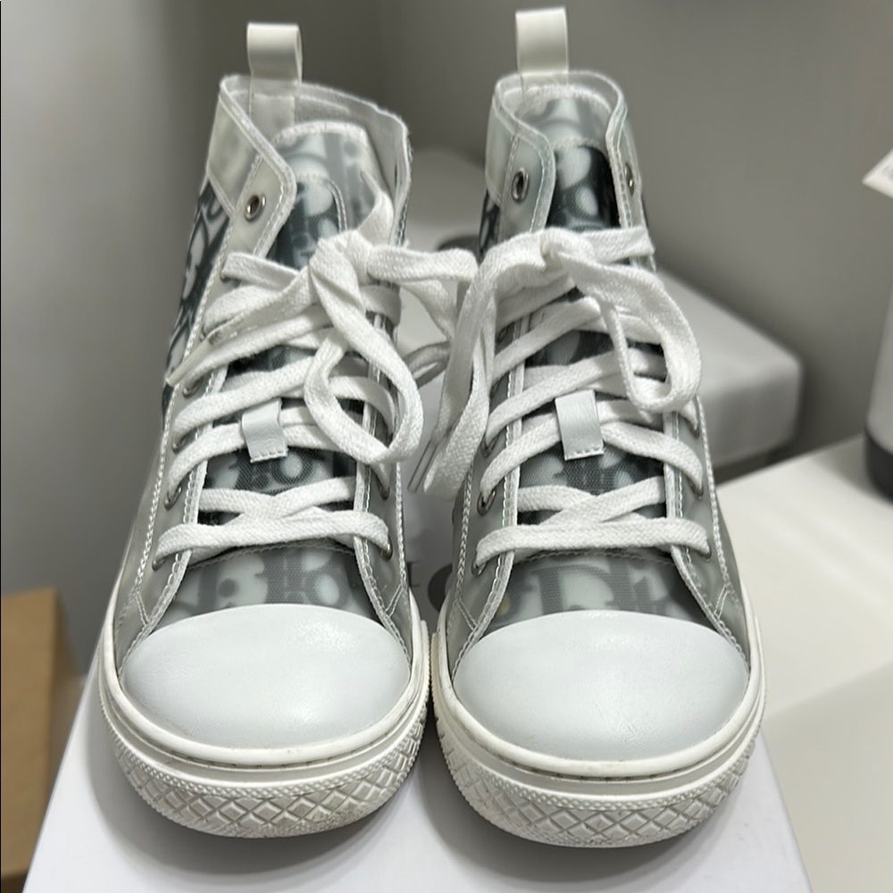 Dior White and Gray High-Top Sneakers with Rubber Toe Cap